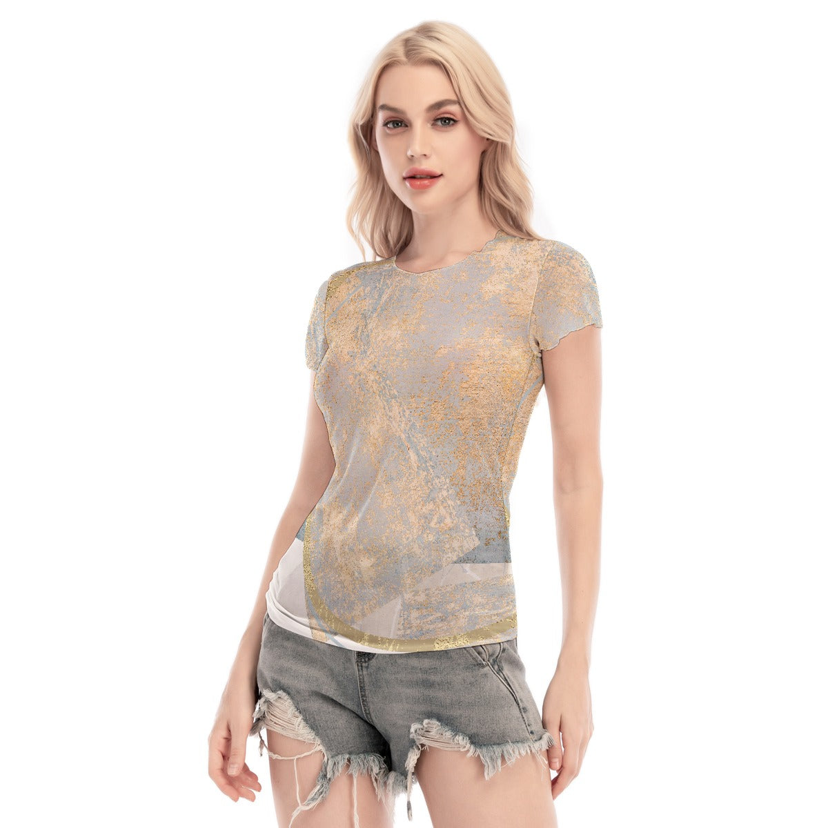 All-Over Print Women's Short Sleeve Mesh Blouse