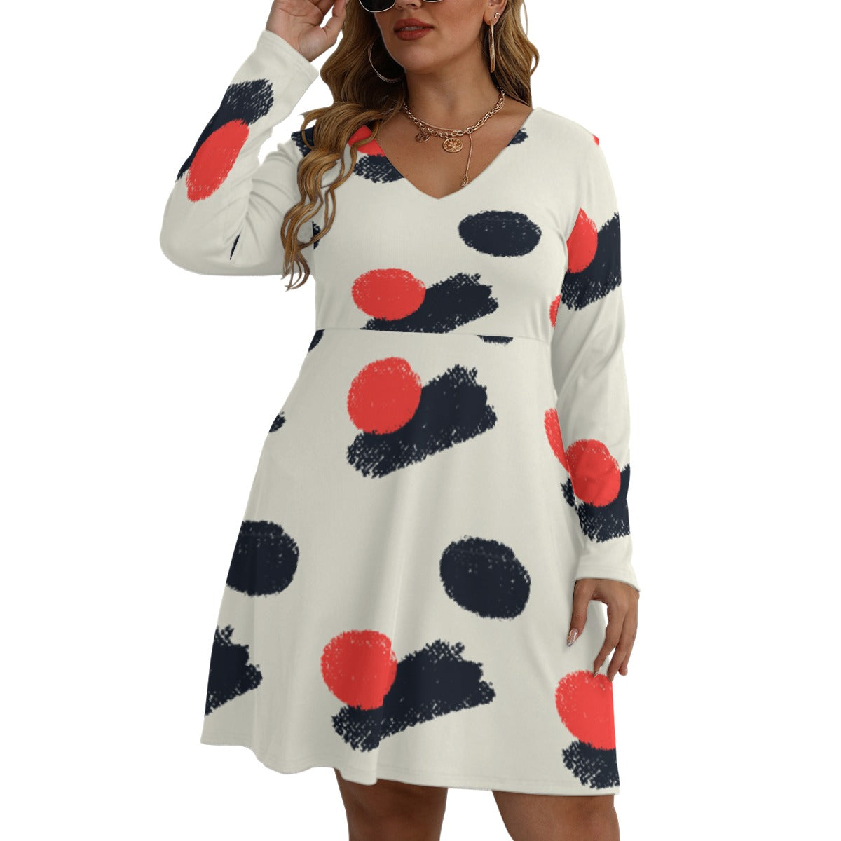 All-Over Print Women's V-neck Long Sleeve Dress(Plus Size)