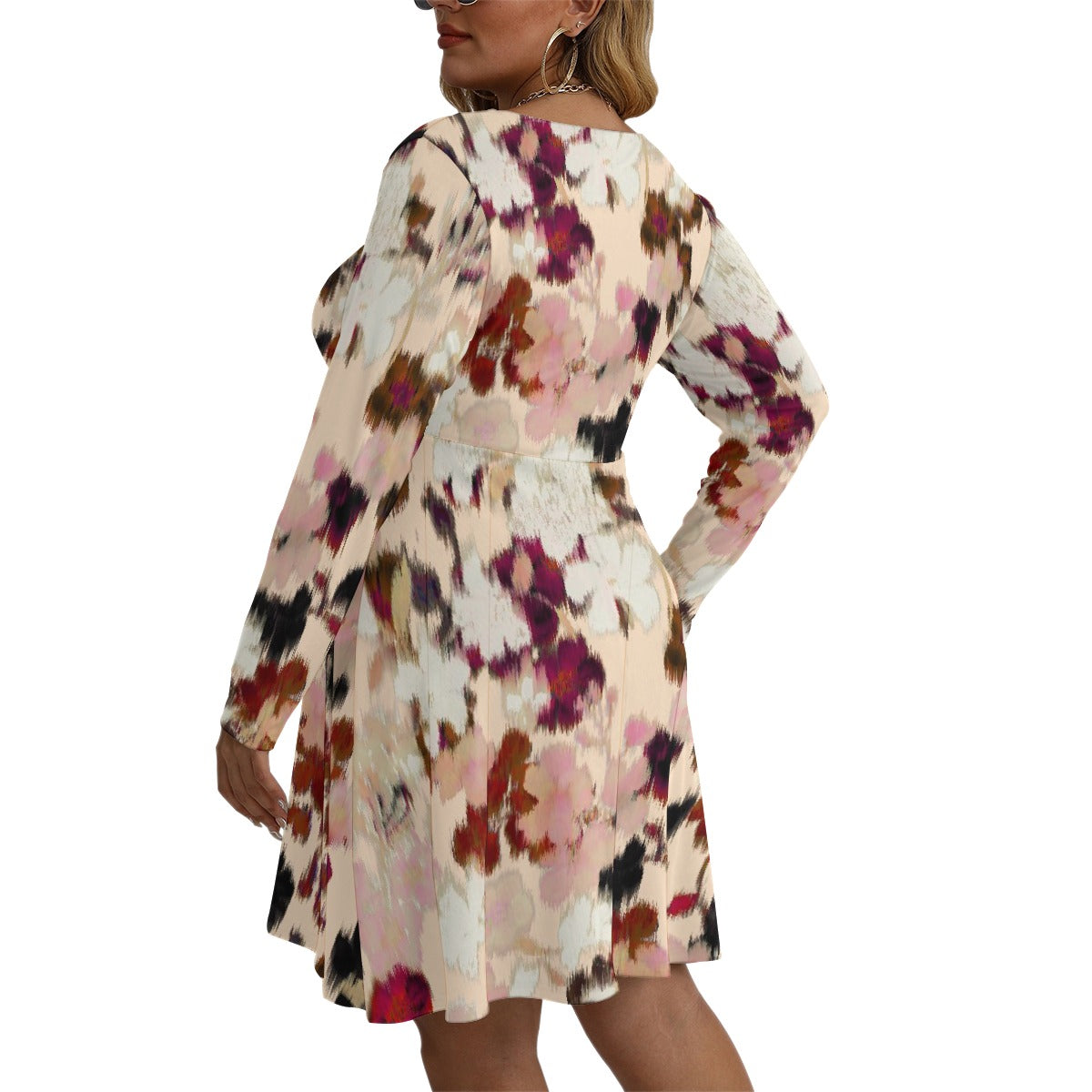 All-Over Print Women's V-neck Long Sleeve Dress(Plus Size)