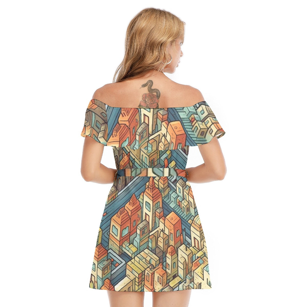 All-Over Print Women's Off-shoulder Dress With Ruffle