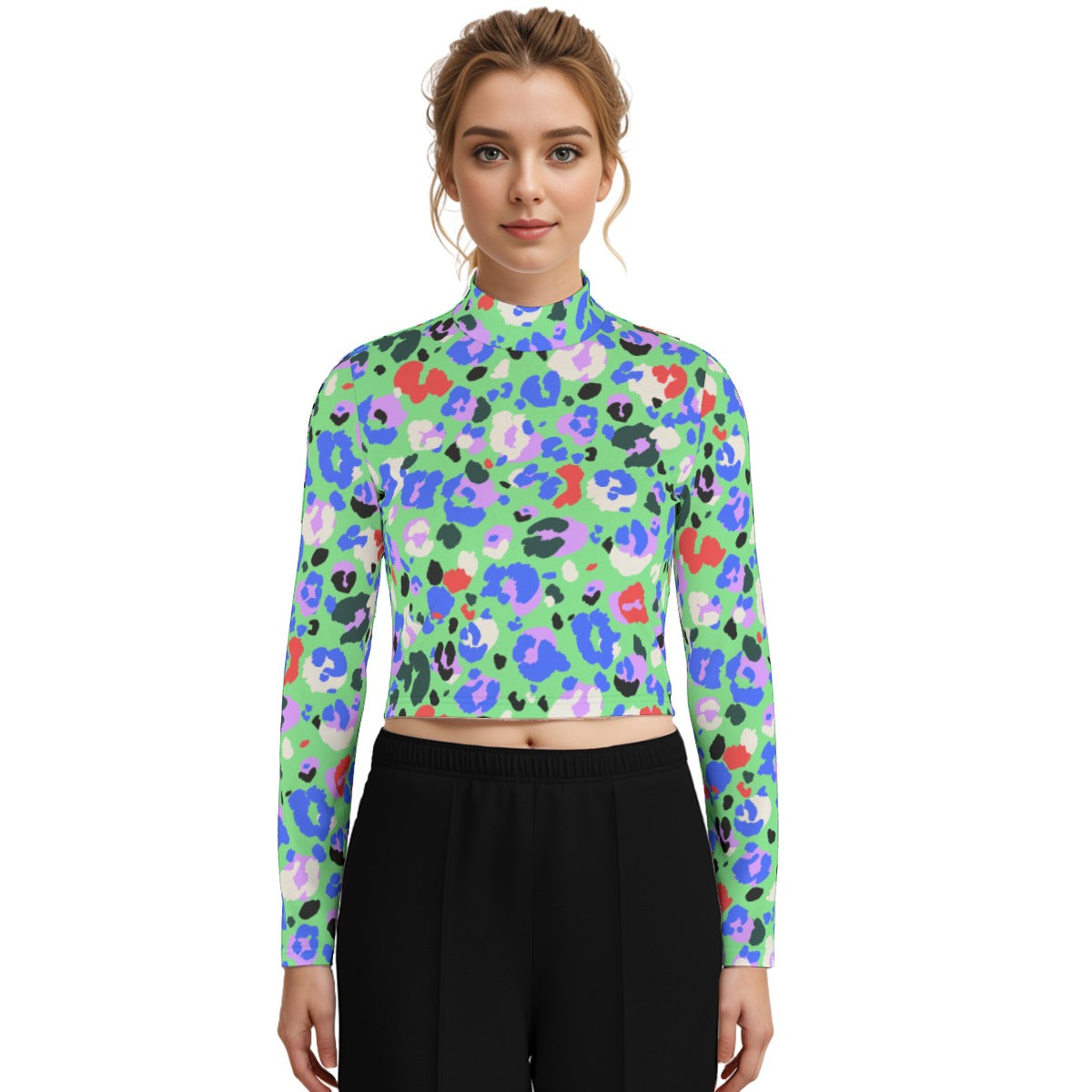 Eco-Friendly All-Over Print Women's Turtleneck T-shirt With Long Sleeve