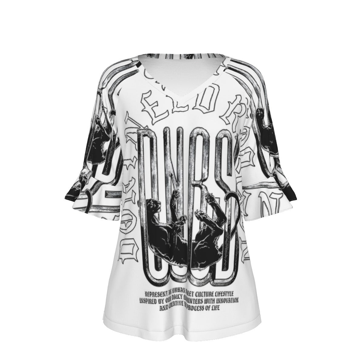 All-Over Print V-neck Women's T-shirt With Bell Sleeve