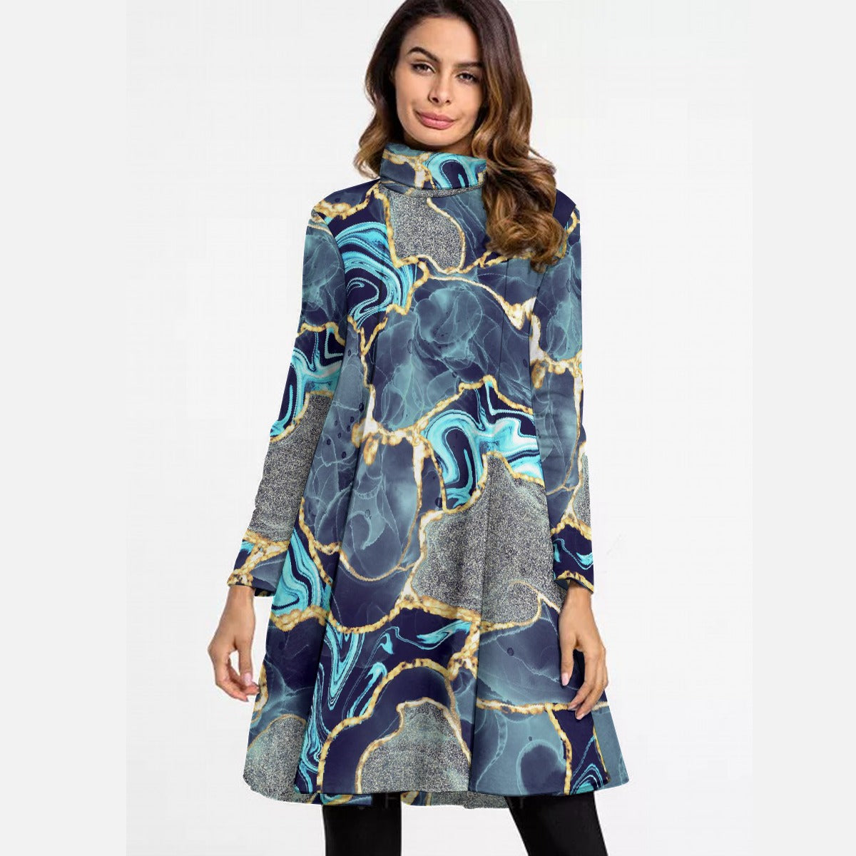 All-Over Print Women's High Neck Dress With Long Sleeve