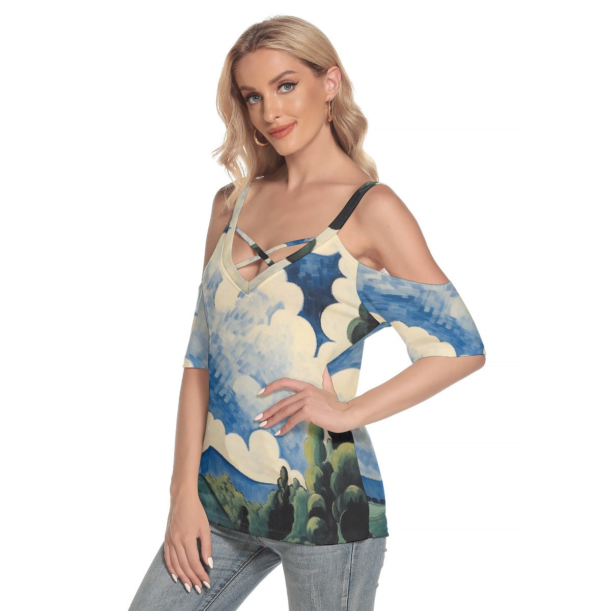 All-Over Print Women's Cold Shoulder T-shirt With Criss Cross Strips