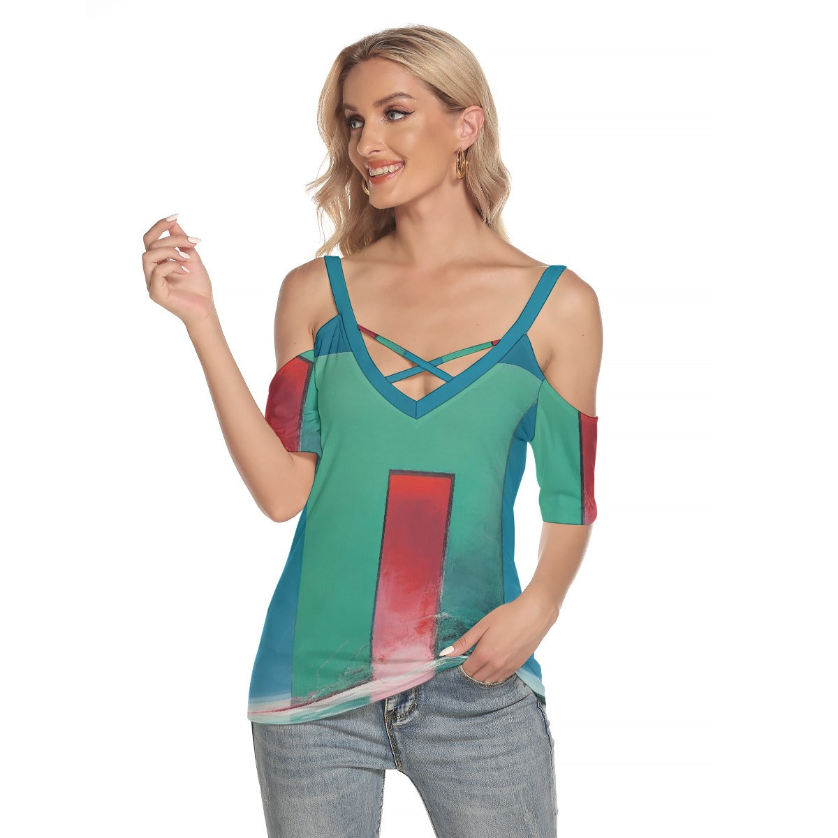 All-Over Print Women's Cold Shoulder T-shirt With Criss Cross Strips