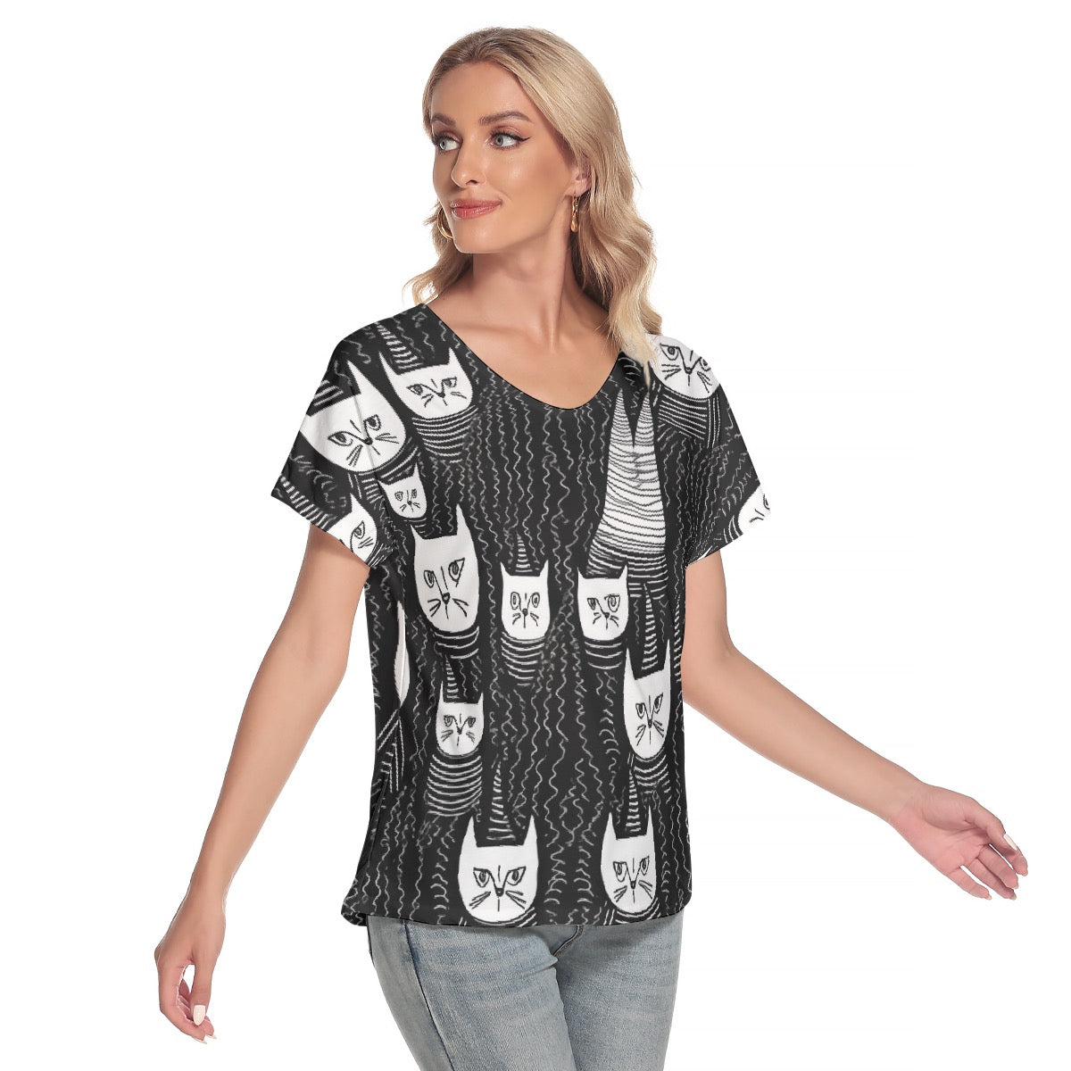 All-Over Print Women's Loose V-neck Short Sleeve T-shirt