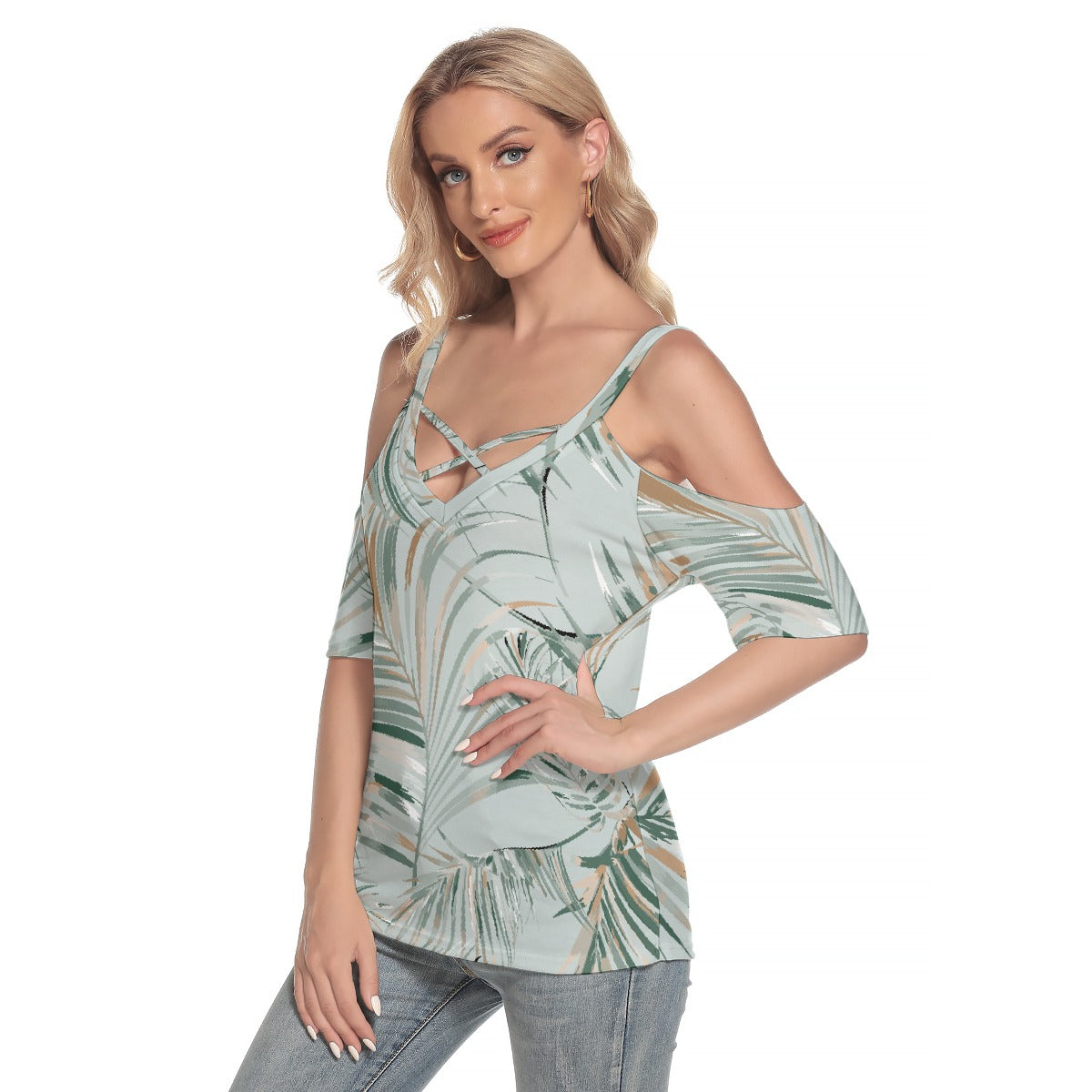 All-Over Print Women's Cold Shoulder T-shirt With Criss Cross Strips