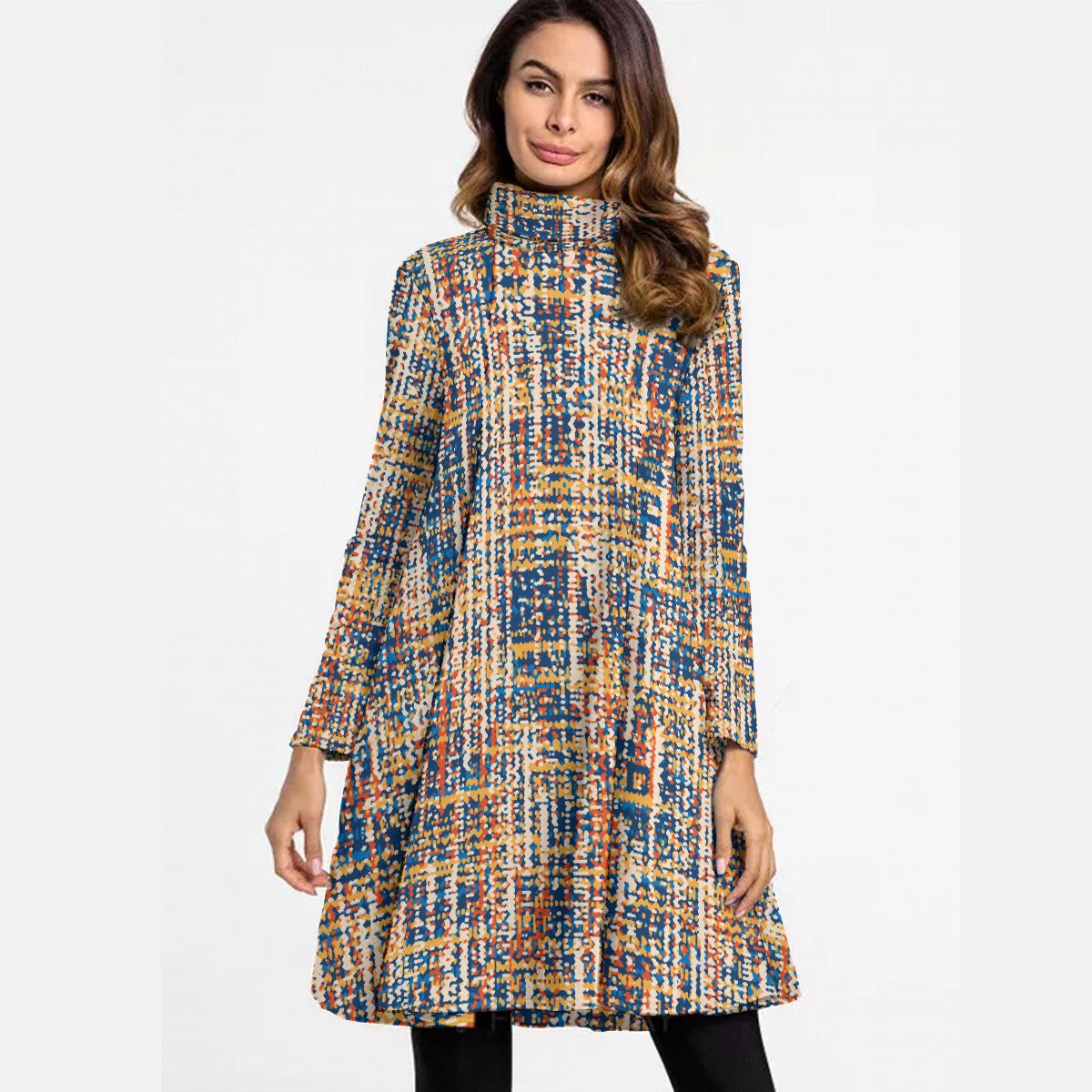 All-Over Print Women's High Neck Dress With Long Sleeve