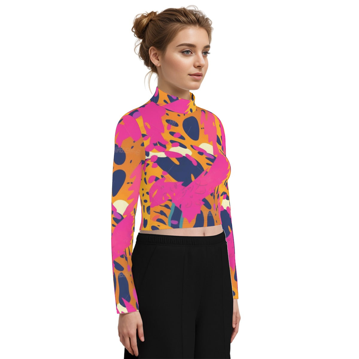 Eco-Friendly All-Over Print Women's Turtleneck T-shirt With Long Sleeve