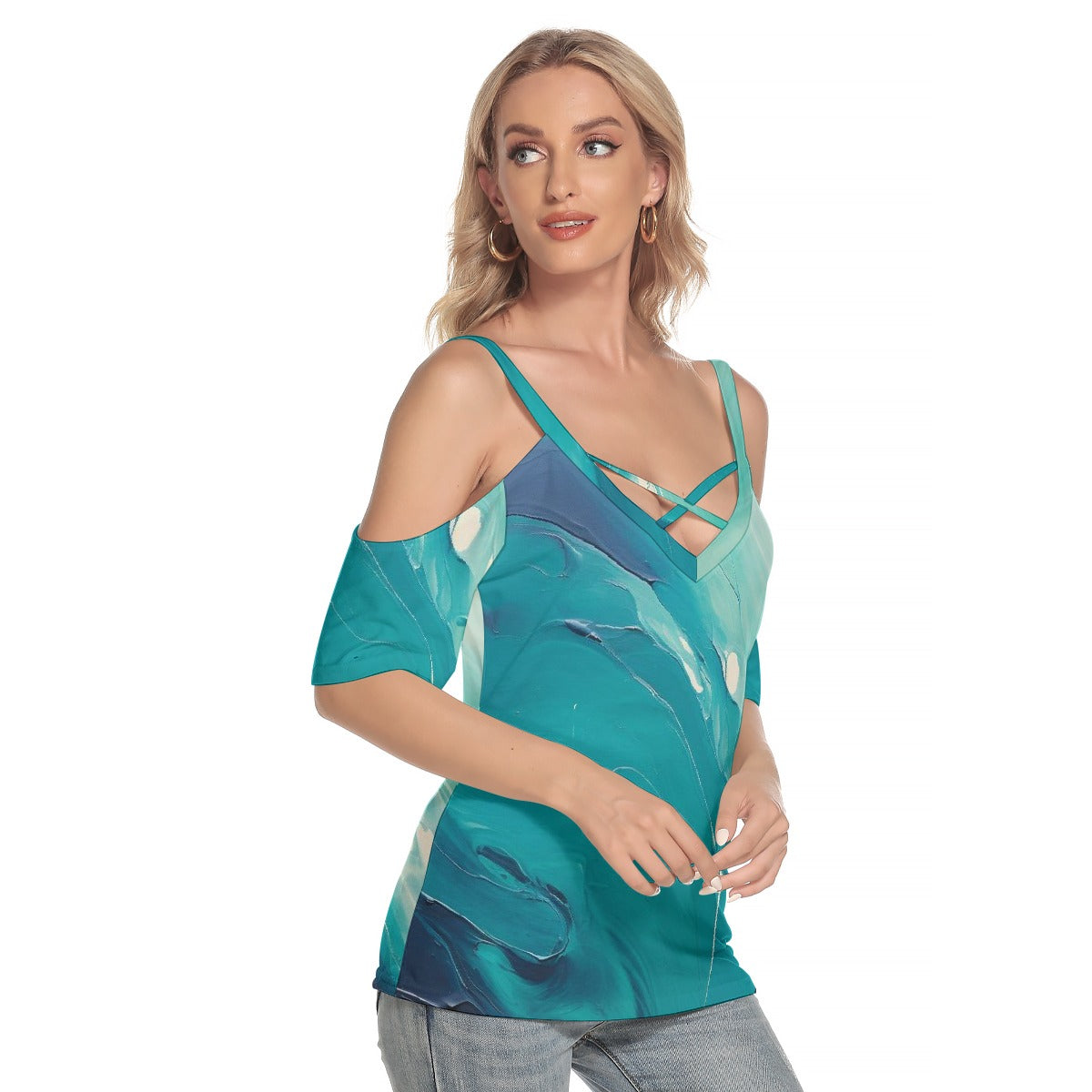 All-Over Print Women's Cold Shoulder T-shirt With Criss Cross Strips