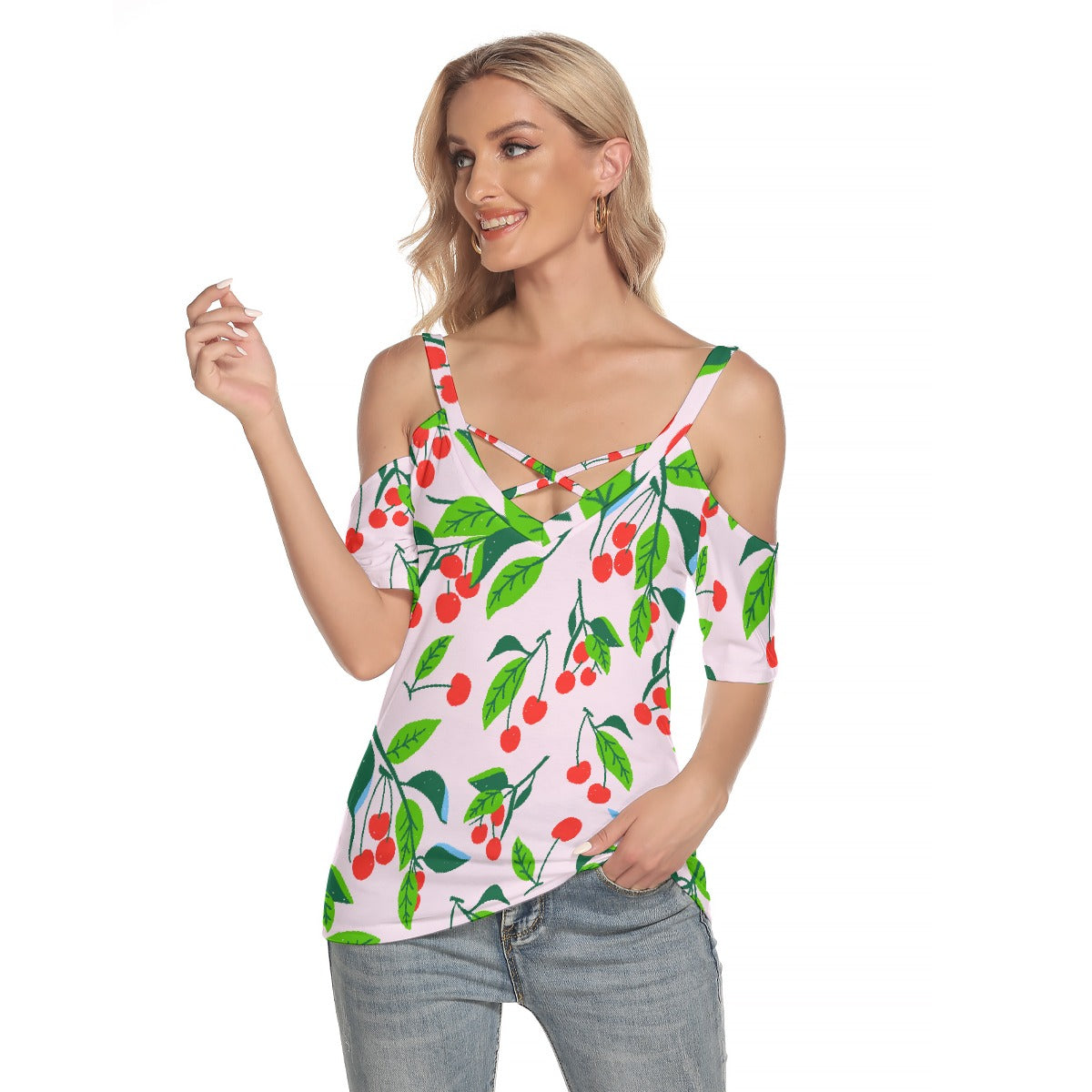 All-Over Print Women's Cold Shoulder T-shirt With Criss Cross Strips