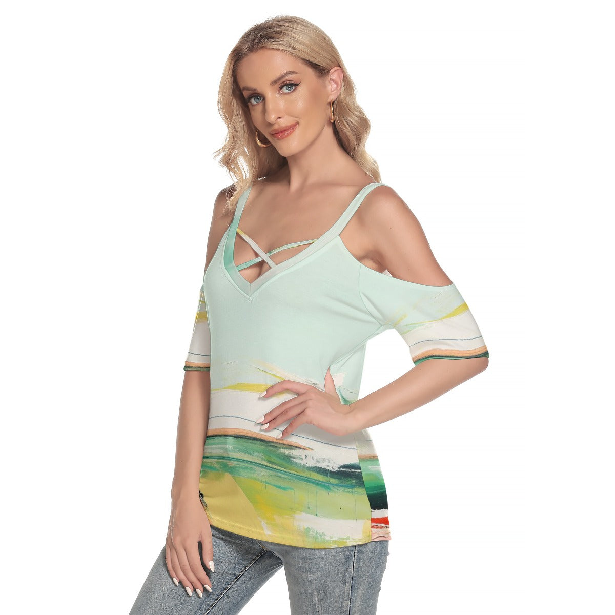 All-Over Print Women's Cold Shoulder T-shirt With Criss Cross Strips