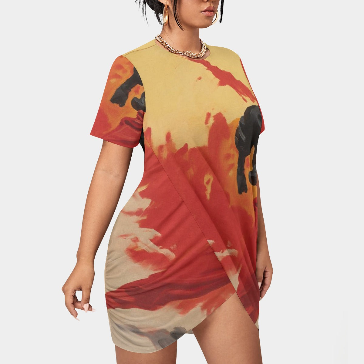 All-Over Print Women’s Stacked Hem Dress With Short Sleeve（Plus Size）