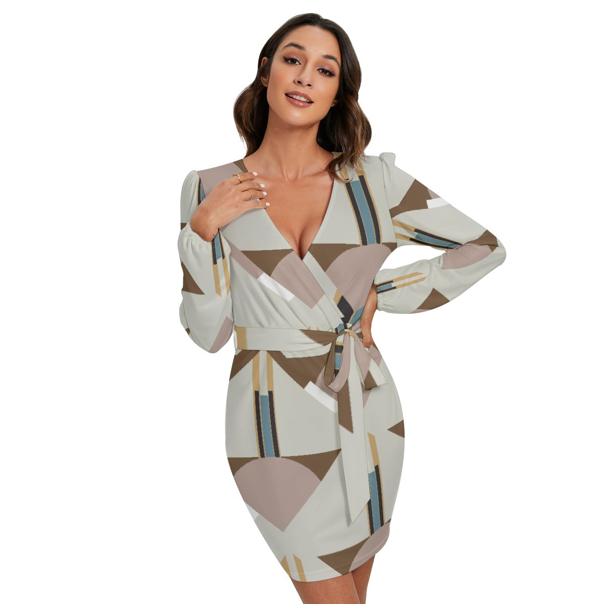 All-Over Print Women's Long Sleeve Dress With Waist Belt