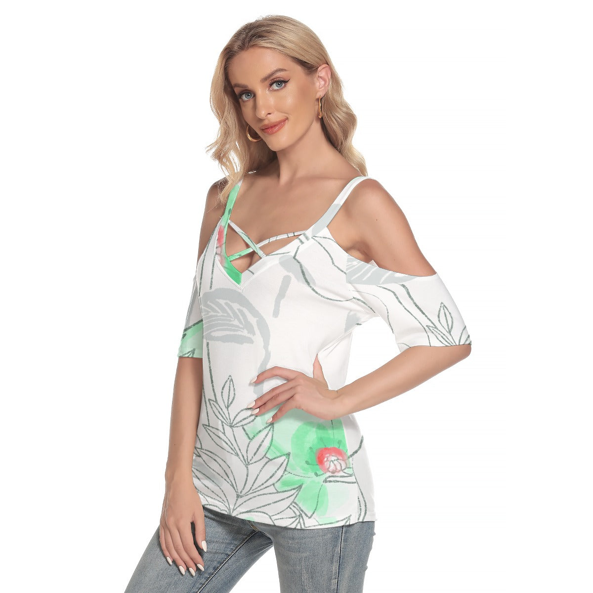 All-Over Print Women's Cold Shoulder T-shirt With Criss Cross Strips