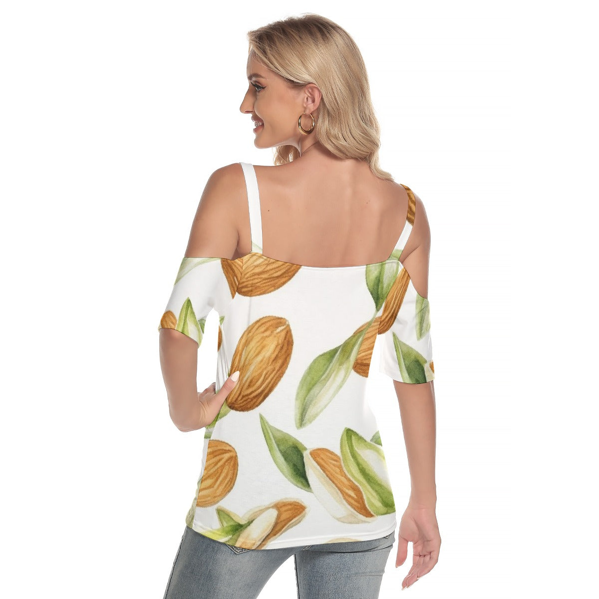 All-Over Print Women's Cold Shoulder T-shirt With Criss Cross Strips