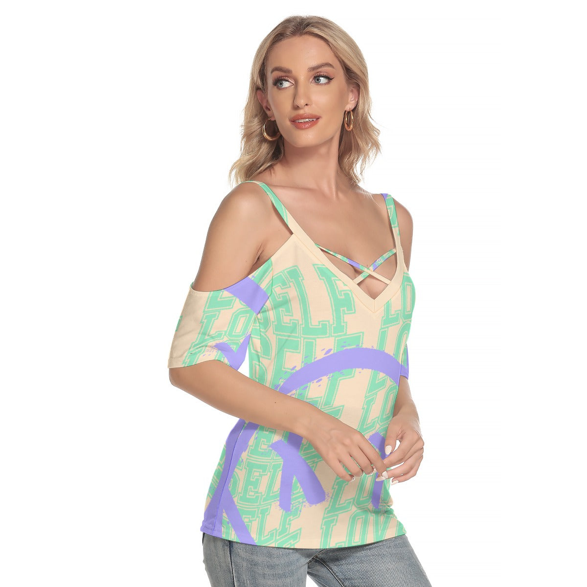 All-Over Print Women's Cold Shoulder T-shirt With Criss Cross Strips