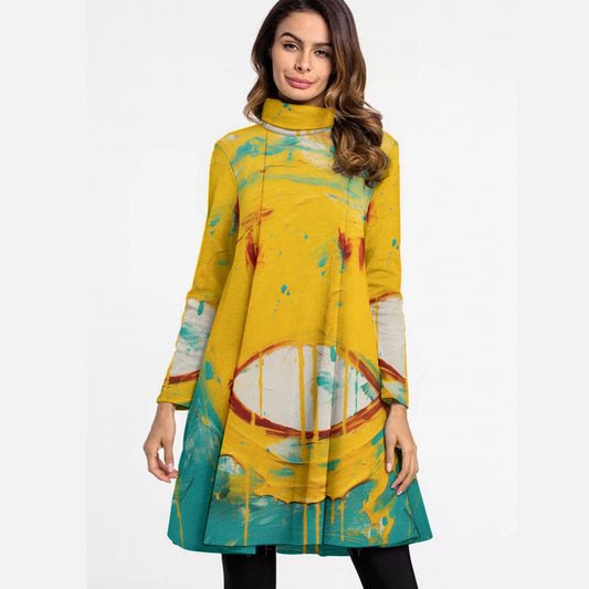 All-Over Print Women's High Neck Dress With Long Sleeve