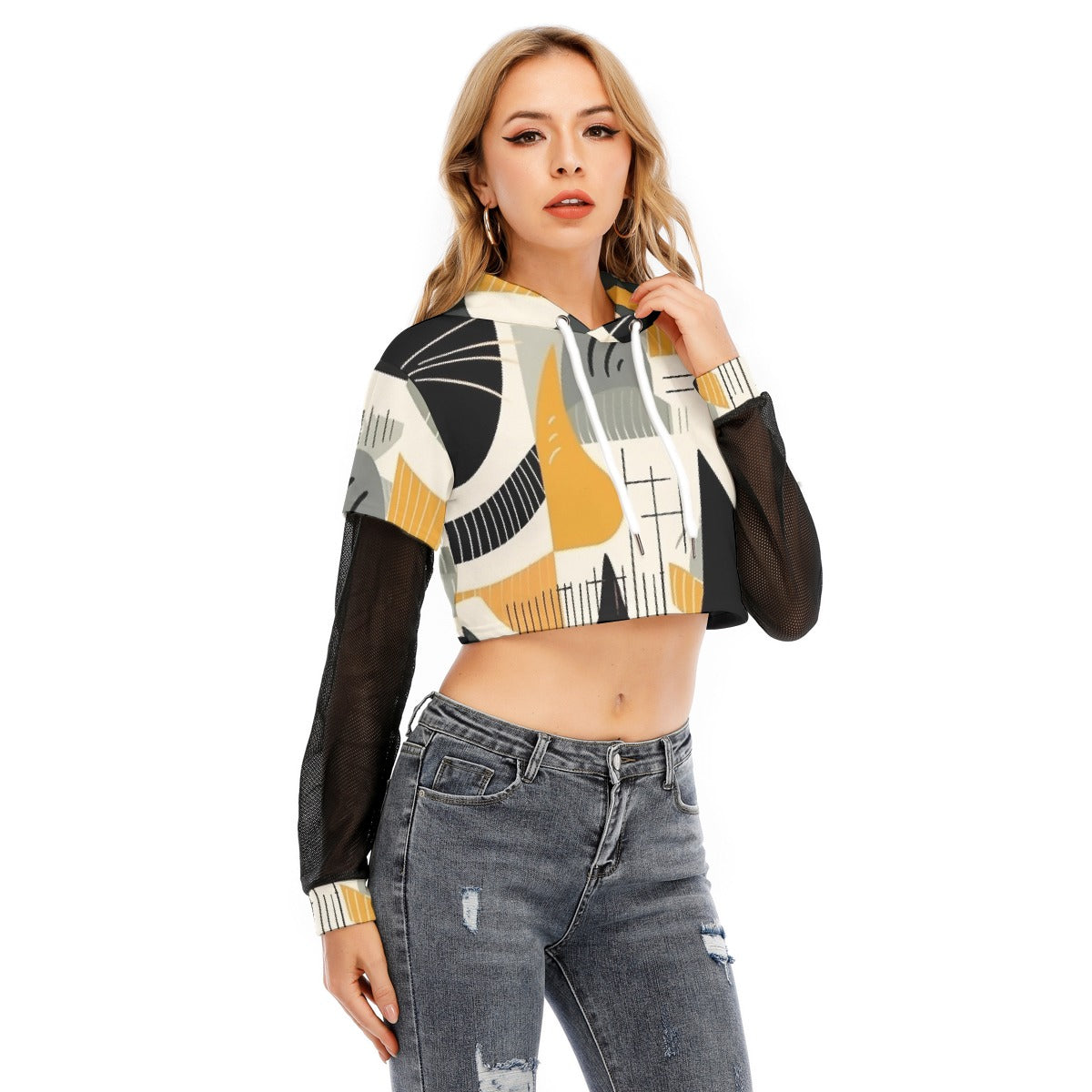 All-Over Print Women's Fake Two-piece Mesh Sleeve Cropped Hoodie