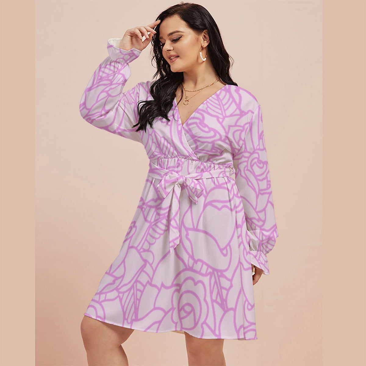 All-Over Print Women's V-neck Dress With Waistband(Plus Size)