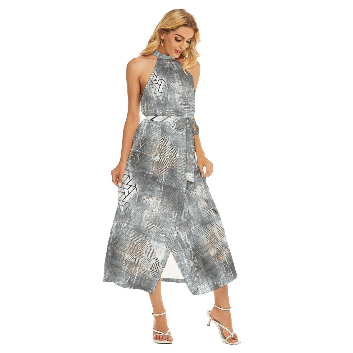 All-Over Print Women's Wrap Hem Belted Halter Dress