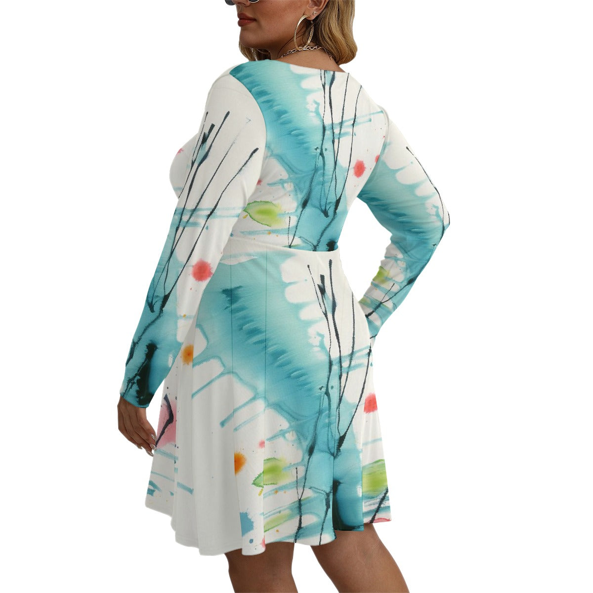 All-Over Print Women's V-neck Long Sleeve Dress(Plus Size)