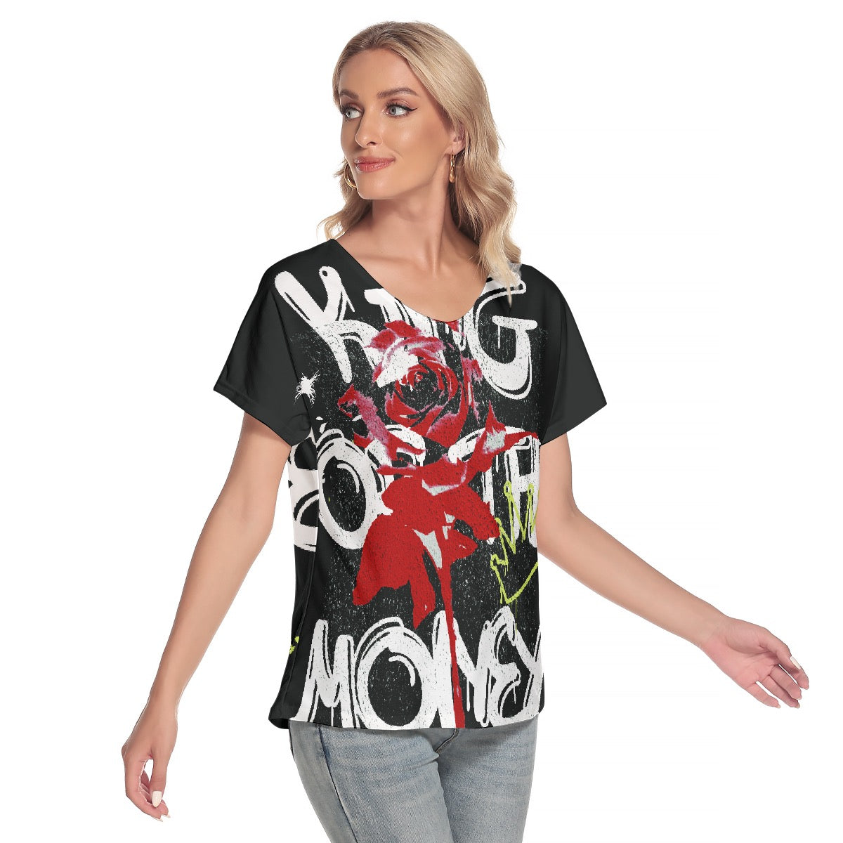 All-Over Print Women's Loose V-neck Short Sleeve T-shirt