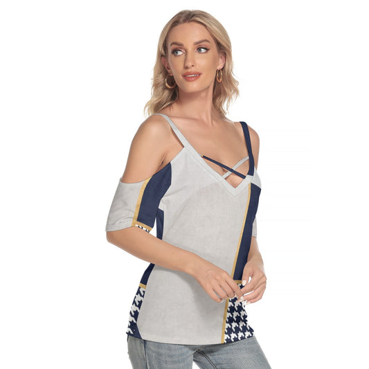 All-Over Print Women's Cold Shoulder T-shirt With Criss Cross Strips