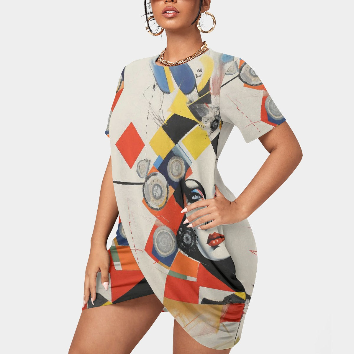 All-Over Print Women’s Stacked Hem Dress With Short Sleeve（Plus Size）