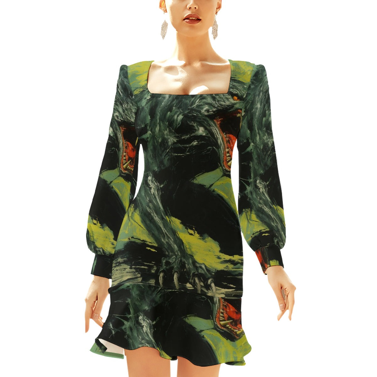 All-Over Print Women's Ruffle Hem Skinny Dress