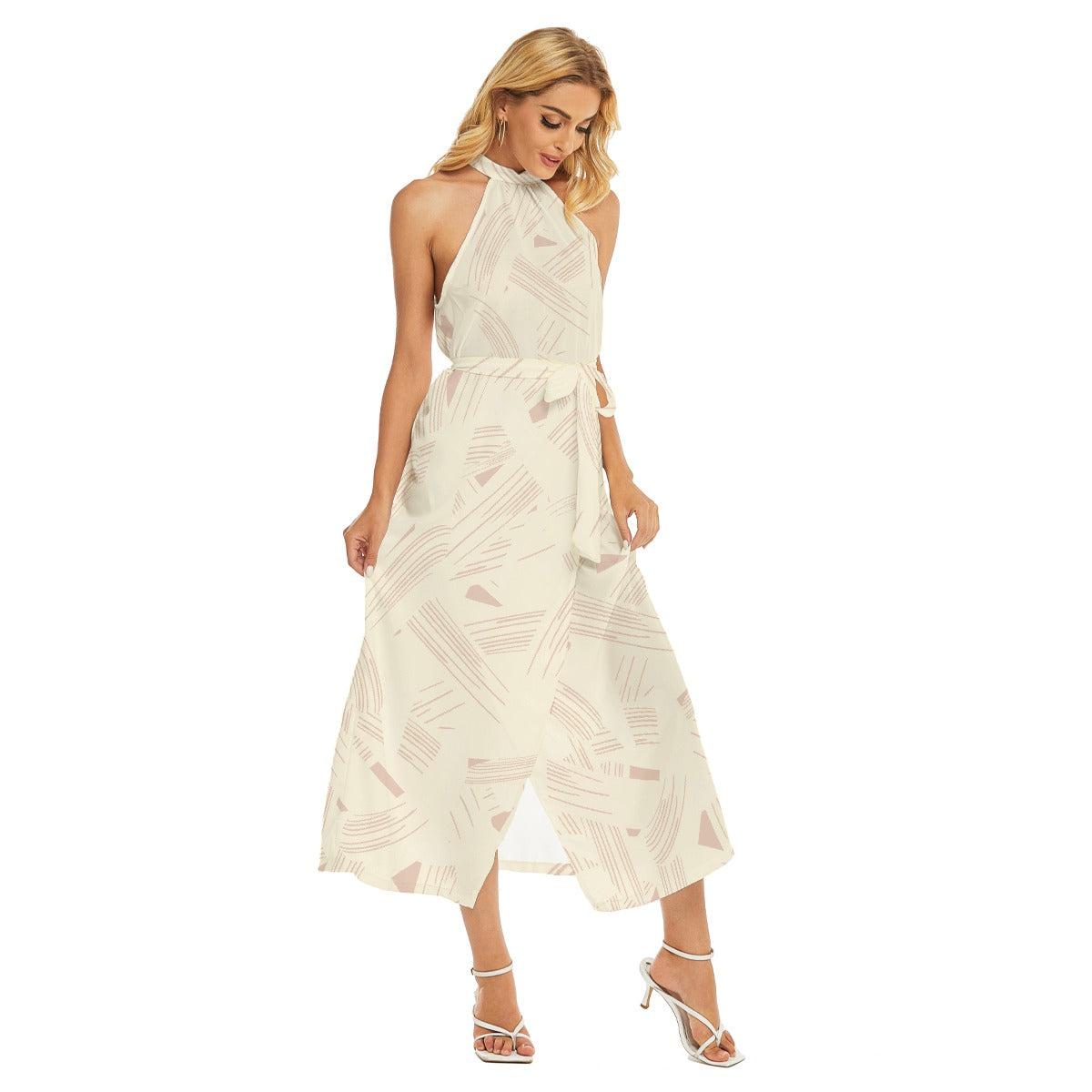 All-Over Print Women's Wrap Hem Belted Halter Dress