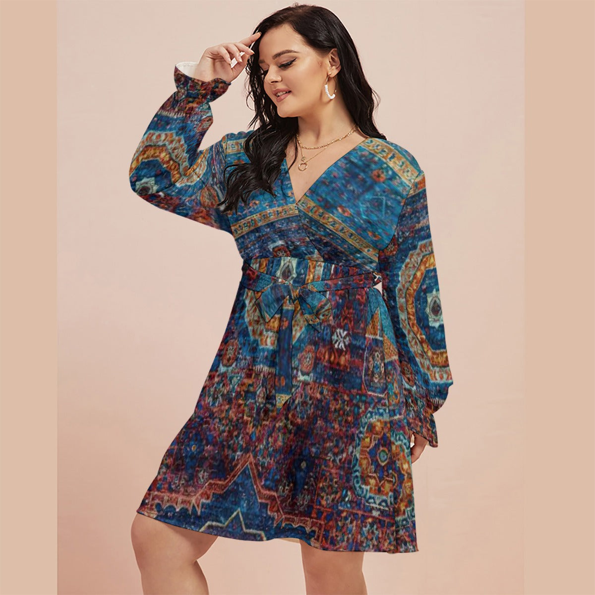 All-Over Print Women's V-neck Dress With Waistband(Plus Size)