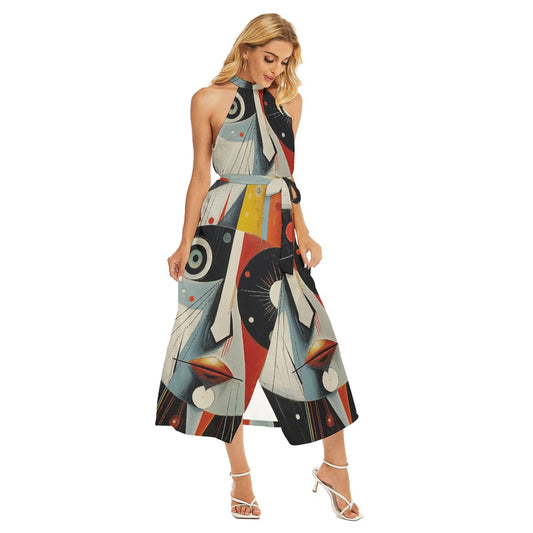 All-Over Print Women's Wrap Hem Belted Halter Dress