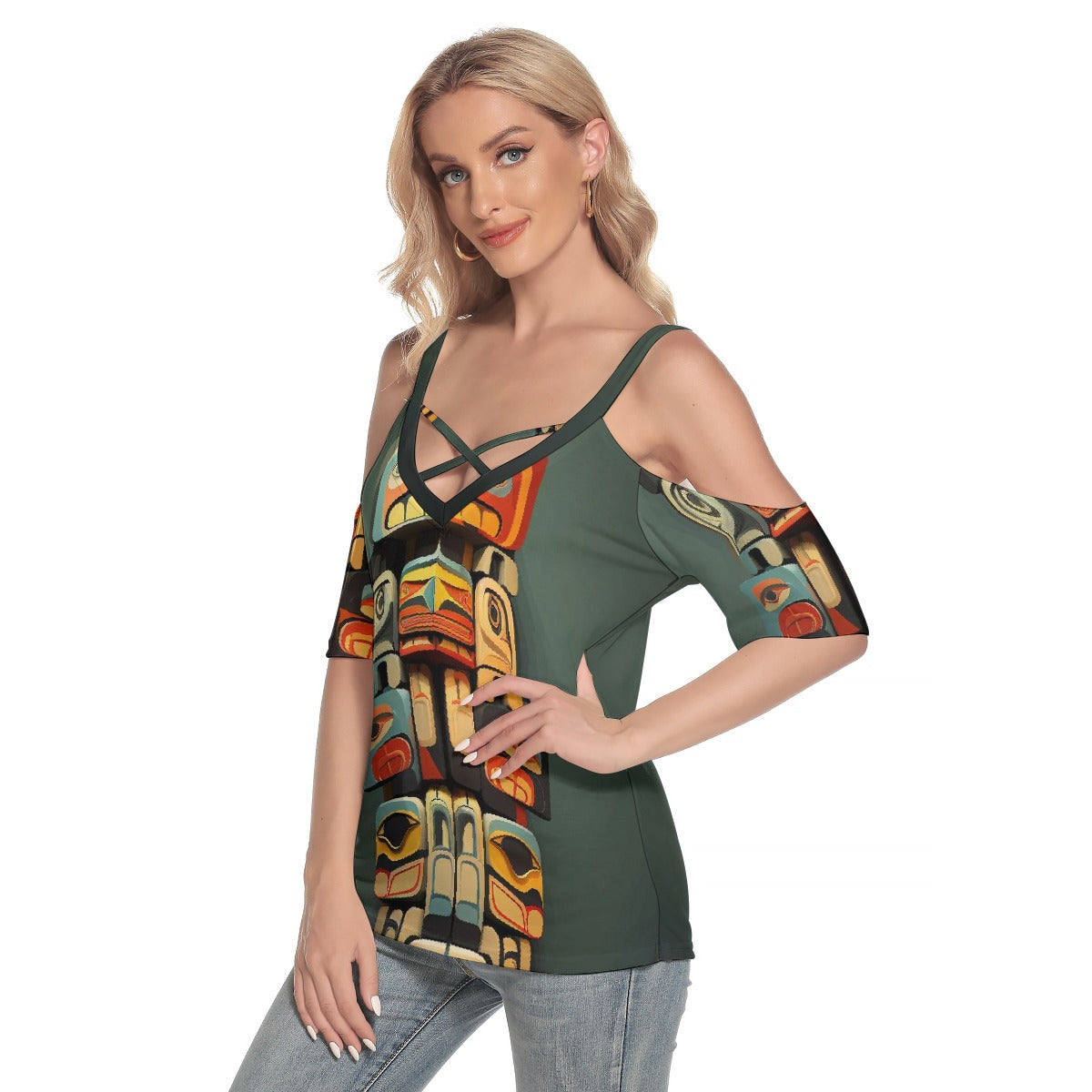 All-Over Print Women's Cold Shoulder T-shirt With Criss Cross Strips