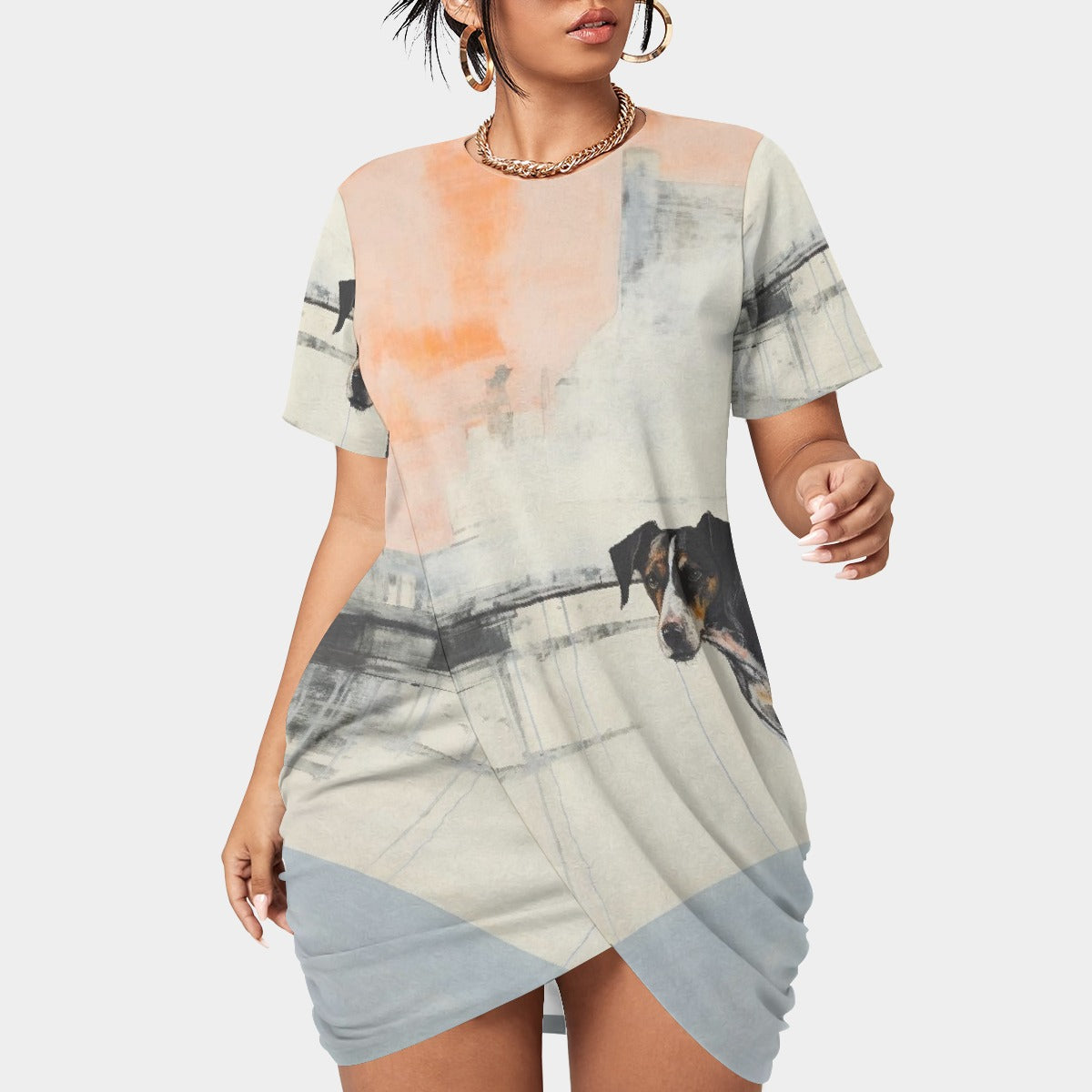 All-Over Print Women’s Stacked Hem Dress With Short Sleeve（Plus Size）