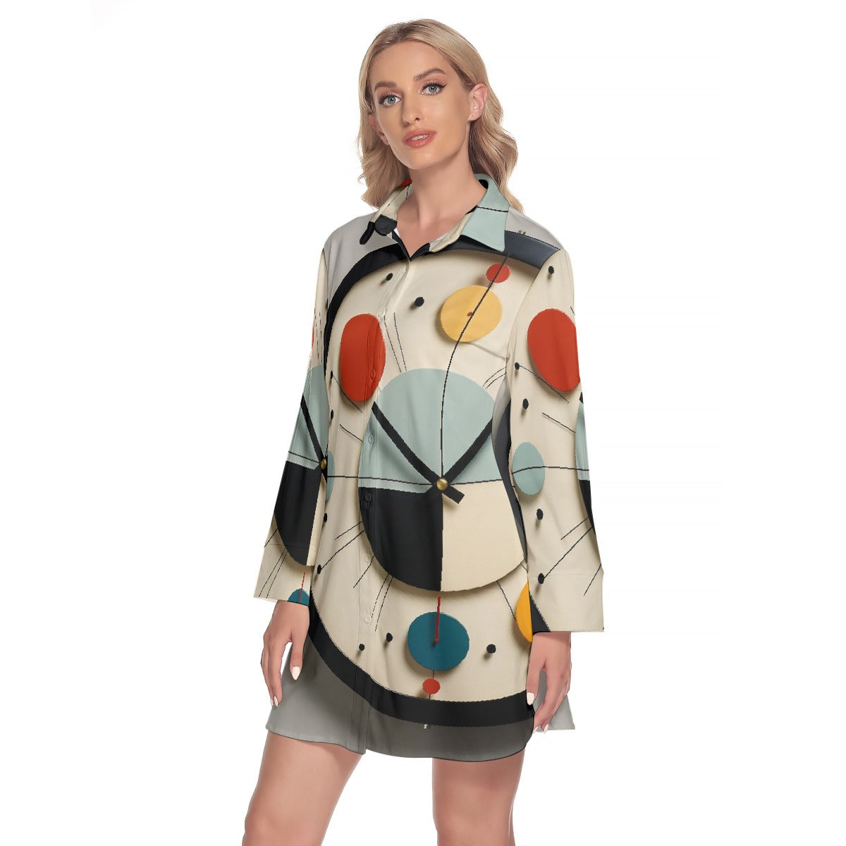 All-Over Print Women's Lapel Shirt Dress With Long Sleeve