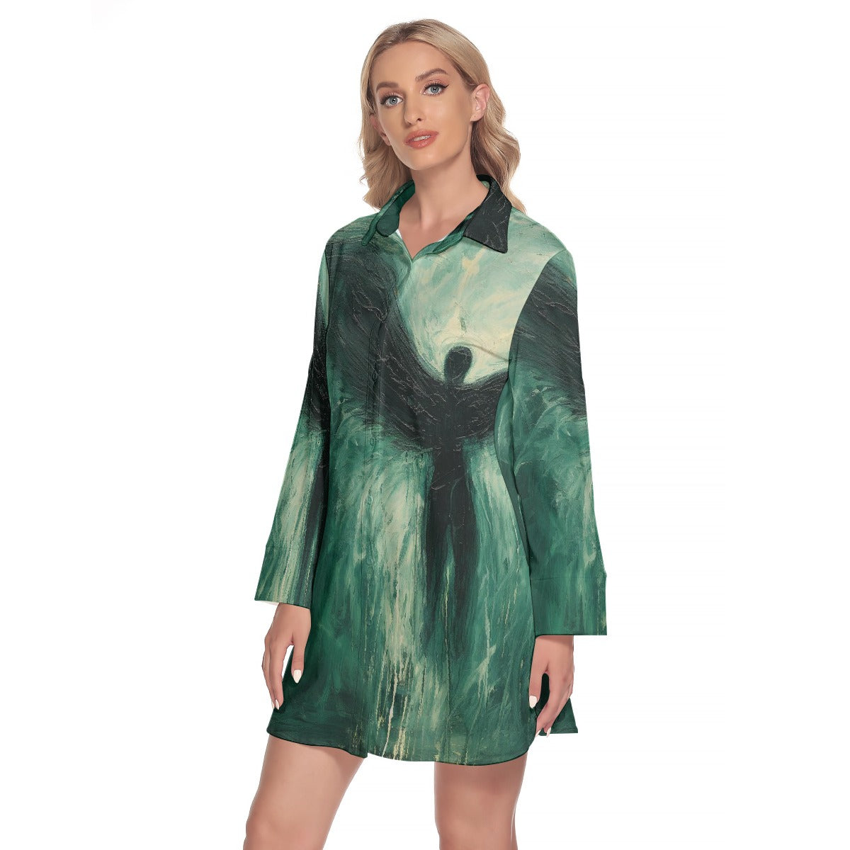 All-Over Print Women's Lapel Shirt Dress With Long Sleeve