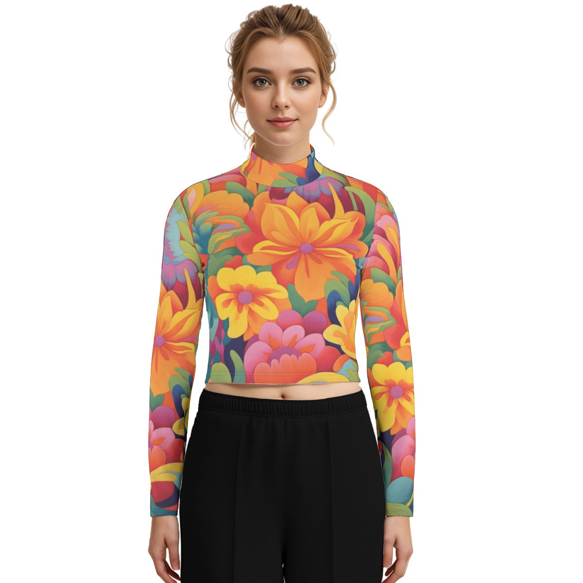 Eco-Friendly All-Over Print Women's Turtleneck T-shirt With Long Sleeve