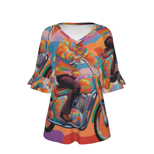 All-Over Print V-neck Women's T-shirt With Bell Sleeve