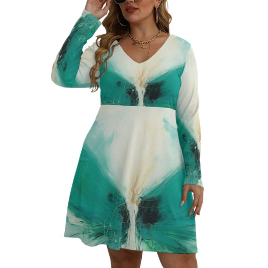 All-Over Print Women's V-neck Long Sleeve Dress(Plus Size)