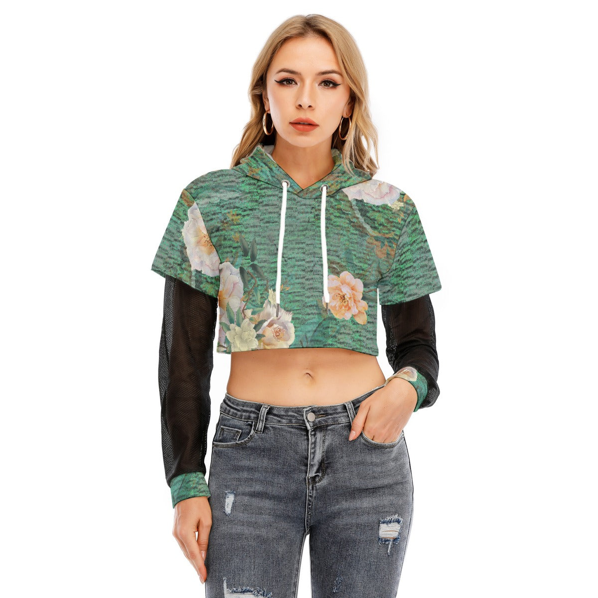 All-Over Print Women's Fake Two-piece Mesh Sleeve Cropped Hoodie