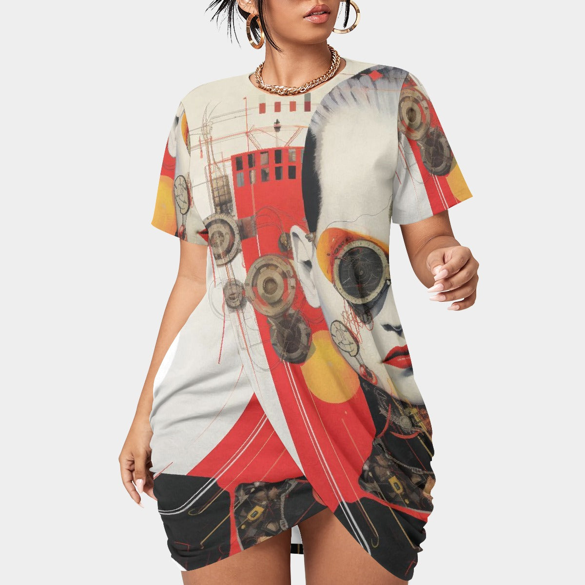 All-Over Print Women’s Stacked Hem Dress With Short Sleeve（Plus Size）