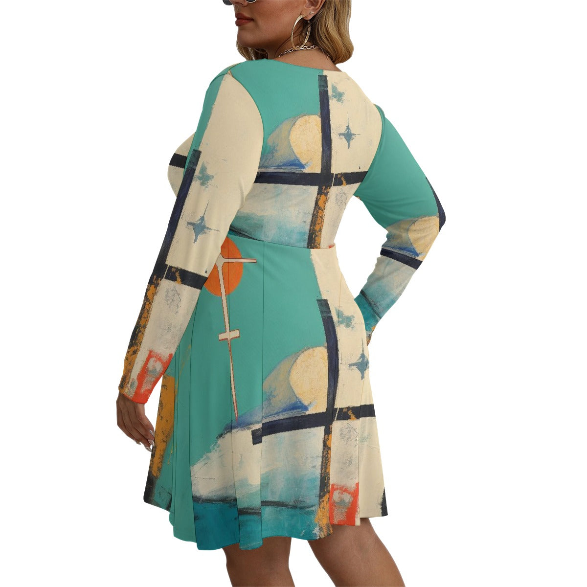 All-Over Print Women's V-neck Long Sleeve Dress(Plus Size)