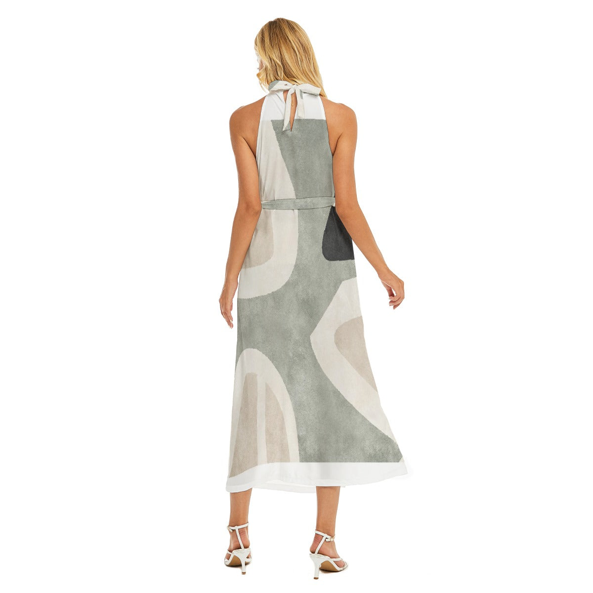 All-Over Print Women's Wrap Hem Belted Halter Dress