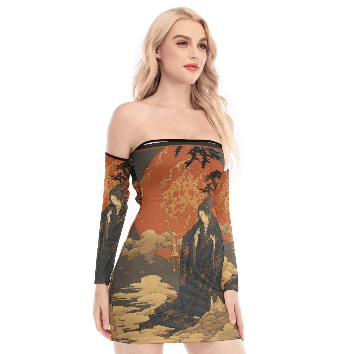 All-Over Print Women's Off-shoulder Back Lace-up Dress