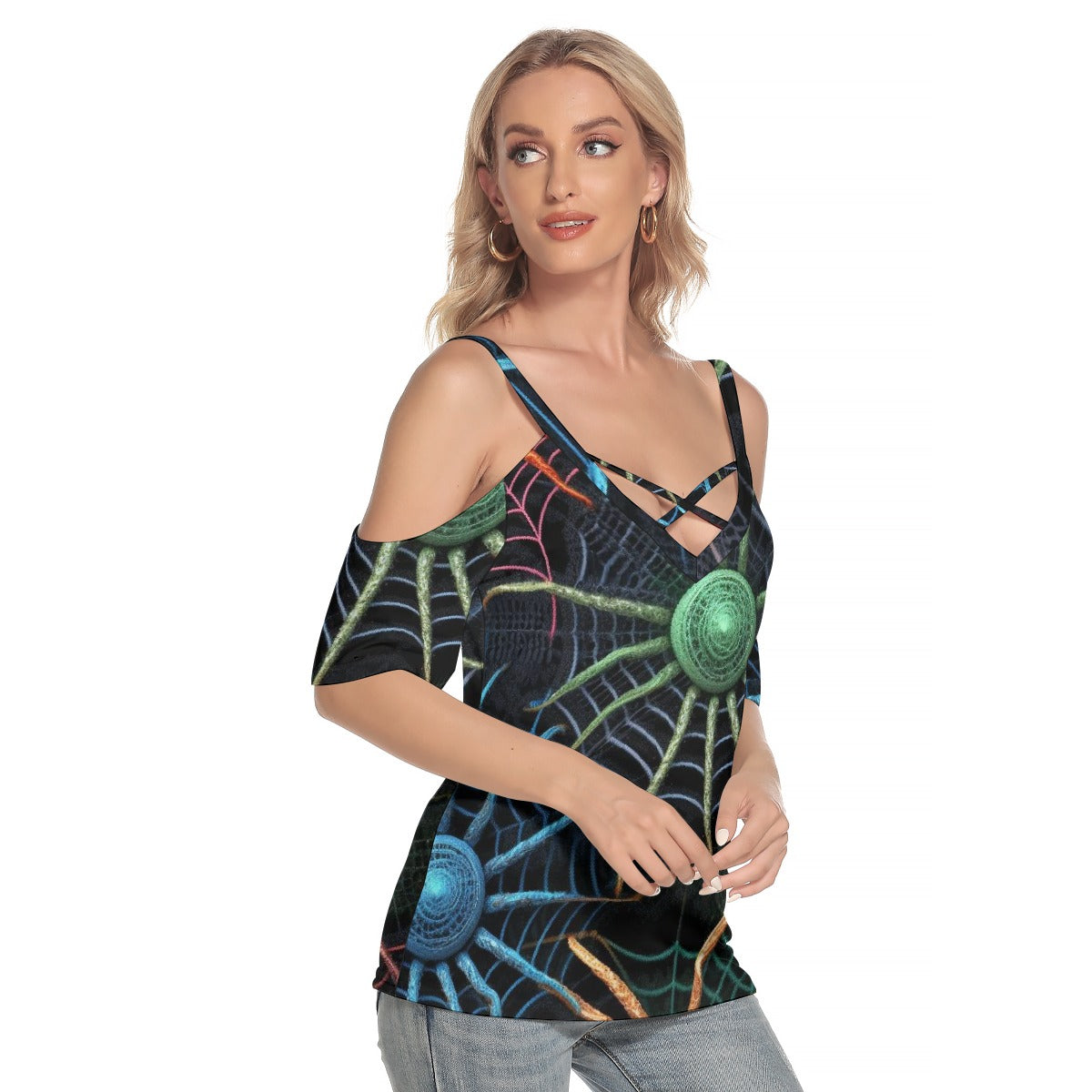 All-Over Print Women's Cold Shoulder T-shirt With Criss Cross Strips