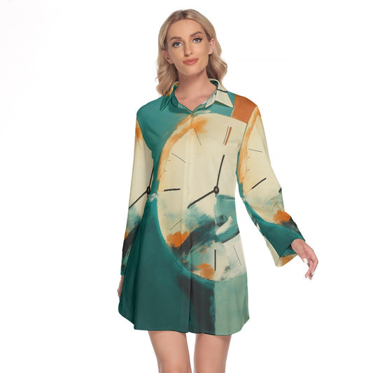 All-Over Print Women's Lapel Shirt Dress With Long Sleeve