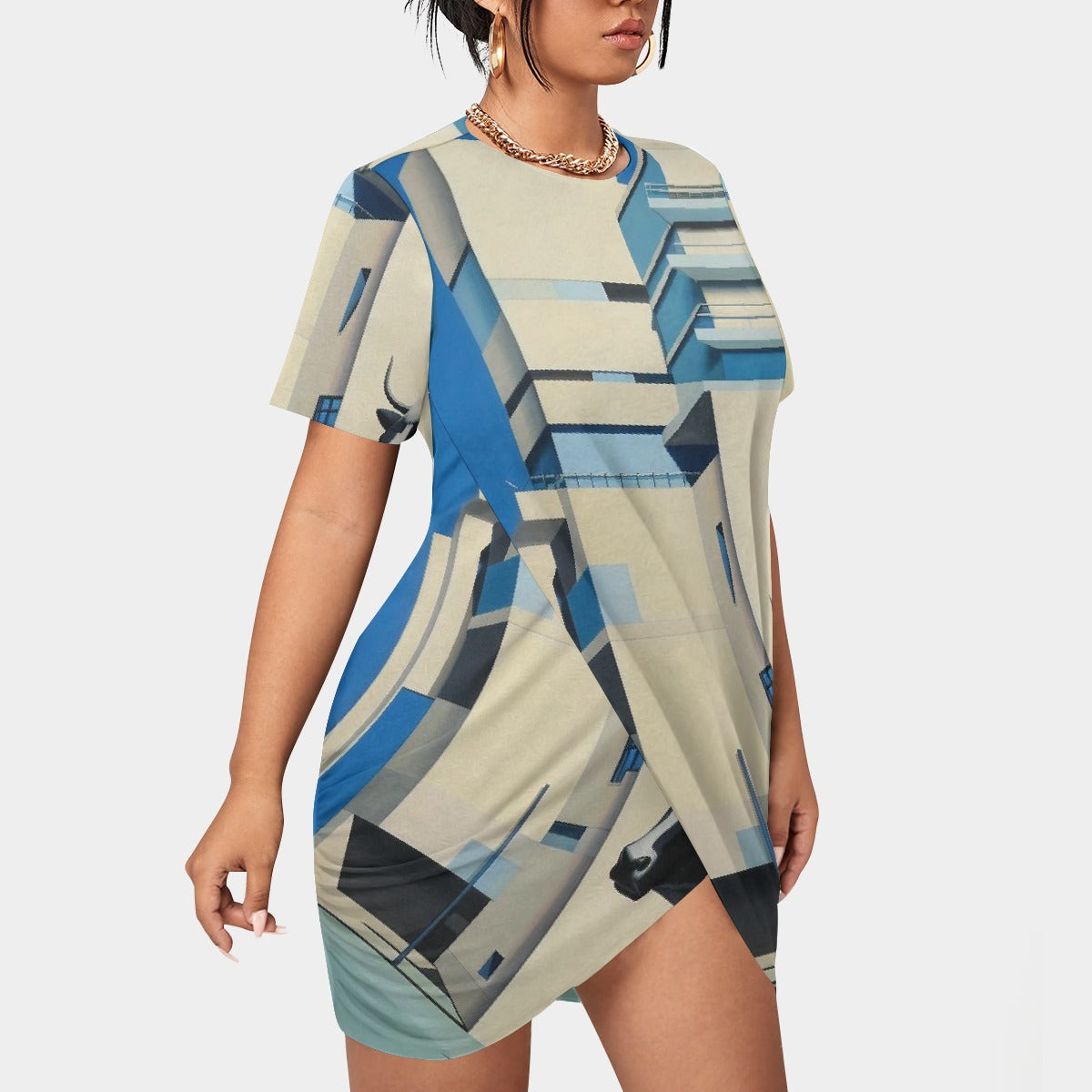 All-Over Print Women’s Stacked Hem Dress With Short Sleeve（Plus Size）