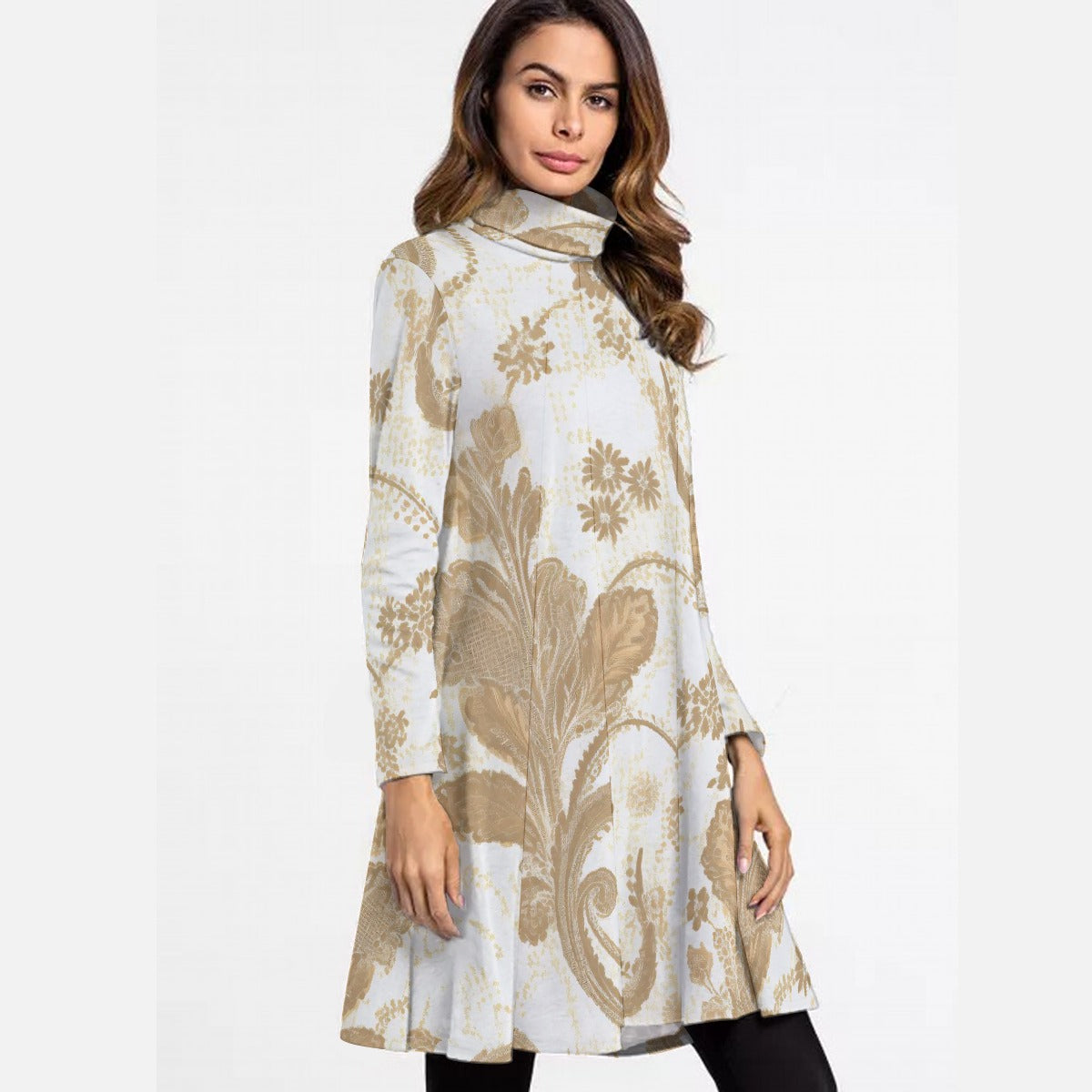 All-Over Print Women's High Neck Dress With Long Sleeve