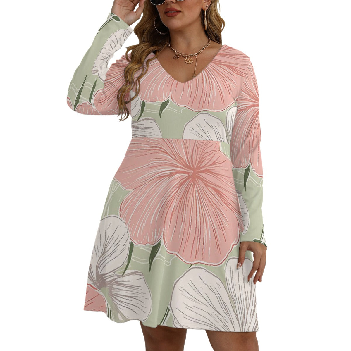 All-Over Print Women's V-neck Long Sleeve Dress(Plus Size)